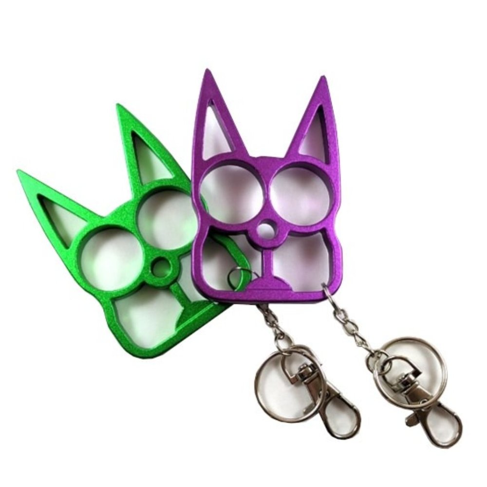 Cat Knuckle Keychain - 2 Pack Self Defense Ring (Green & Purple)